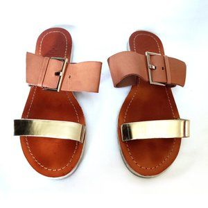 EUC Vince Camuto Brown & Gold Flat Leather Sandals with Buckle 6 36 37